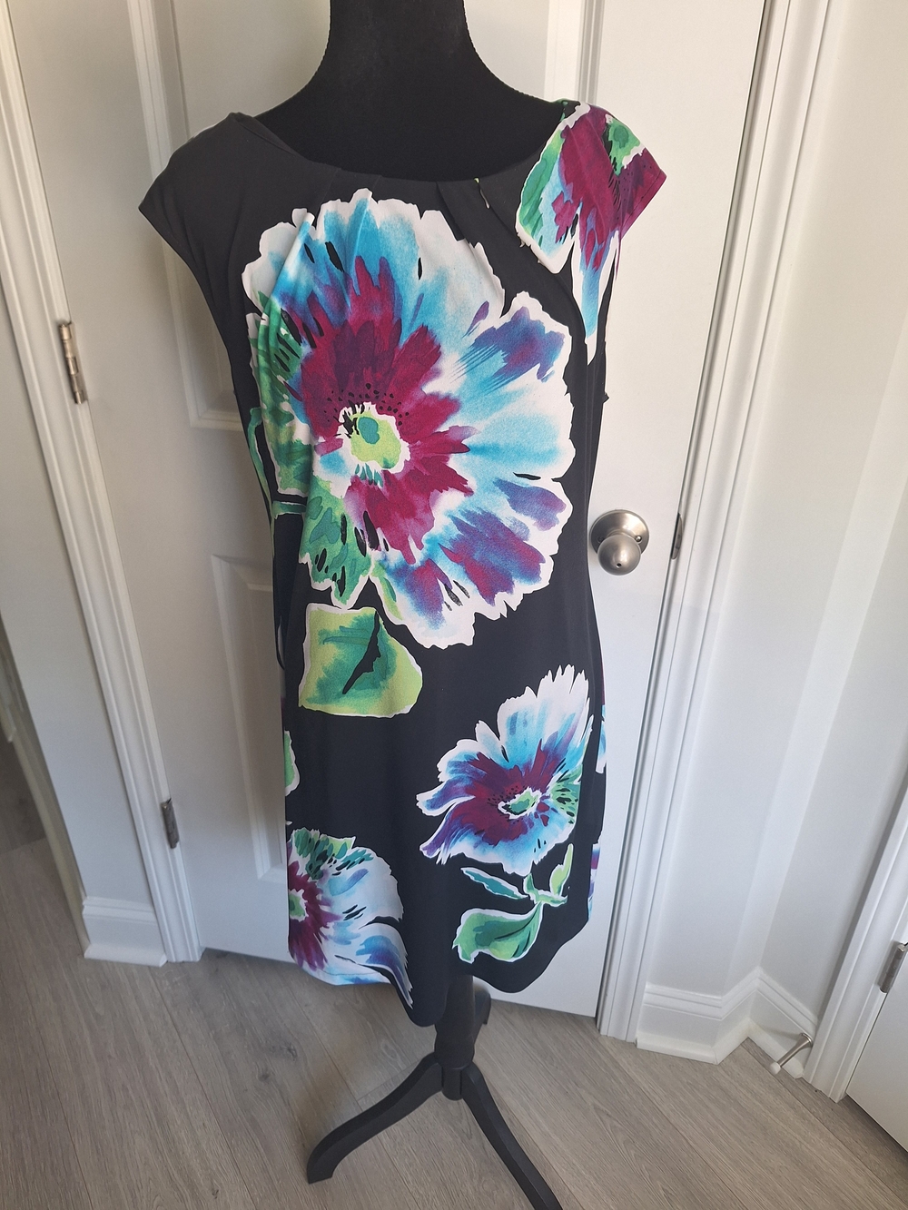 London Fog Black Midi Dress with Blue, Magenta & Green Floral Print